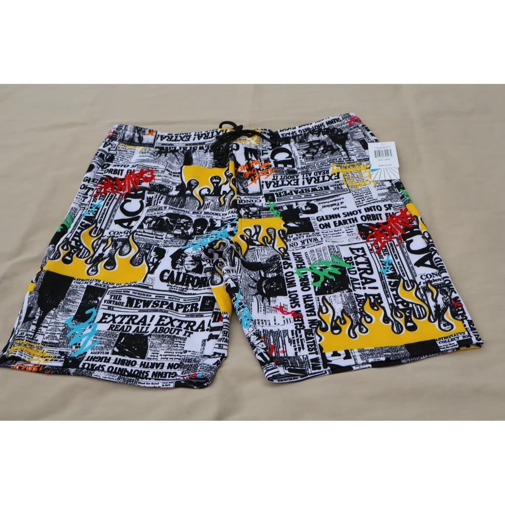 Fresh Prints of Bel-Air Newspaper Graffiti Flame Board Shorts Mens Large NWT